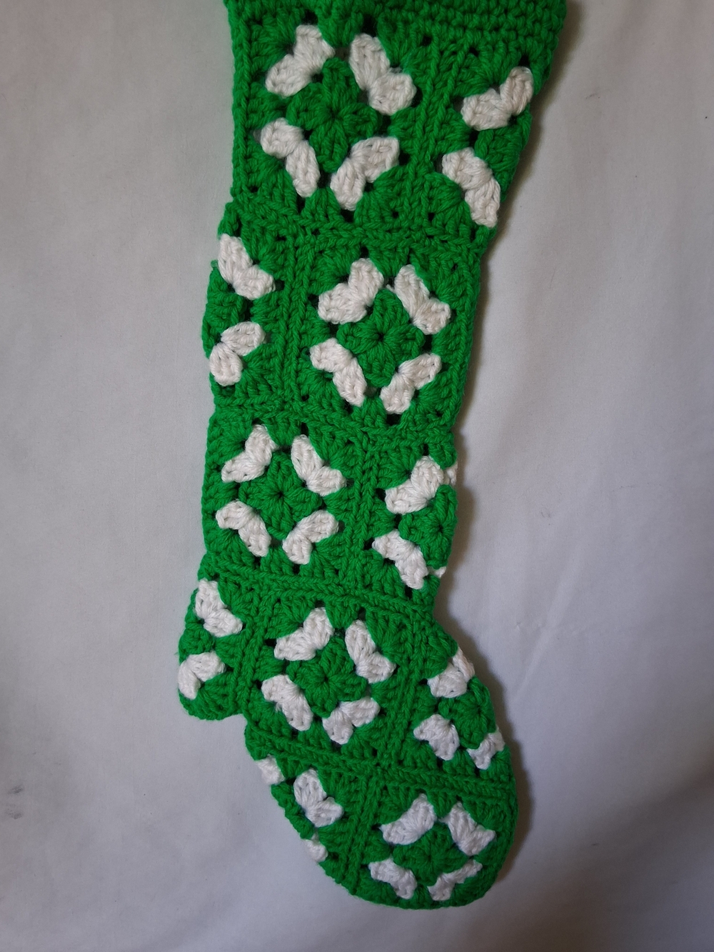 Handmade Green and White Crochet Holiday Stocking
